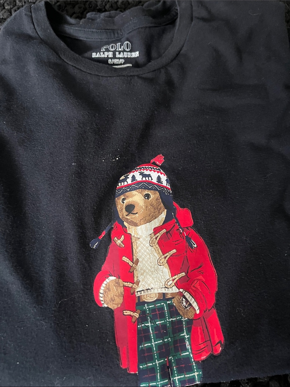 Ralph Lauren Black Tee with Dressed Bear Graphic in Red Coat